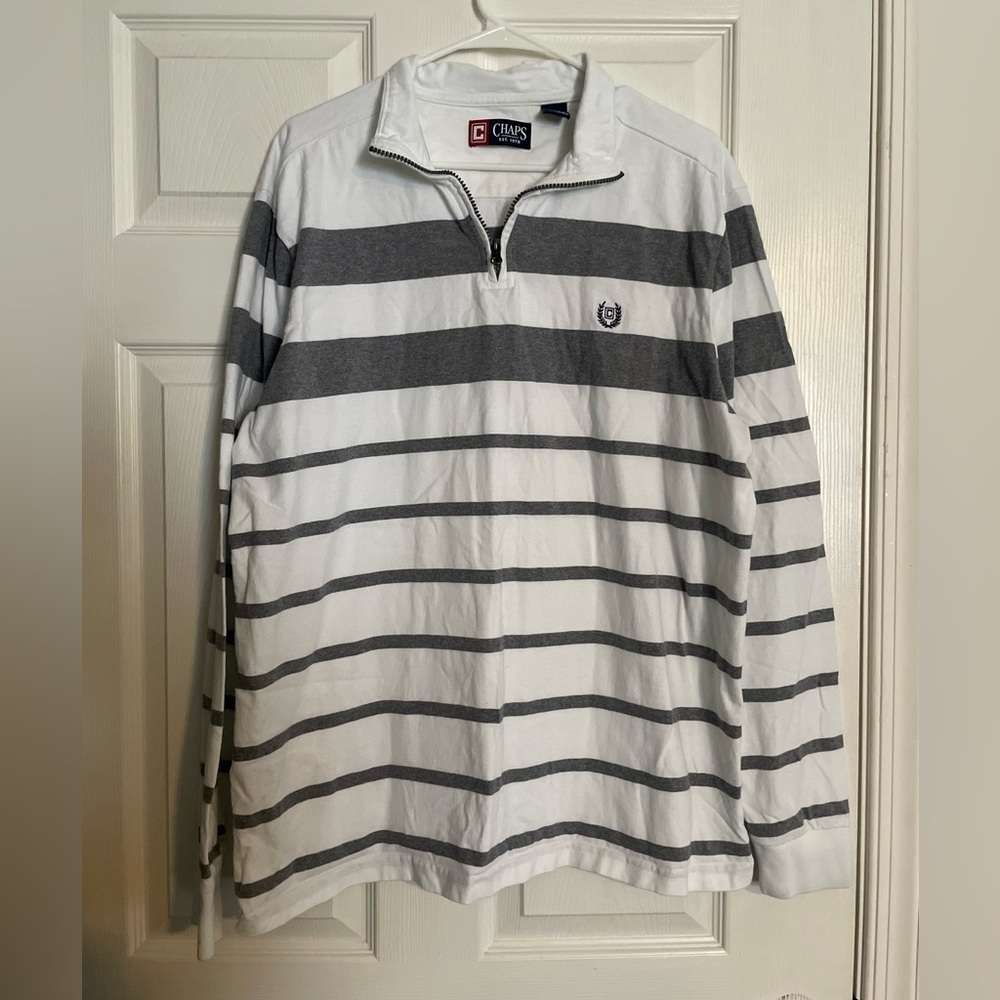 Chaps Men’s XL White w/ Grey Stripes Long SleeveQuarter-Zip Pullover 100% Cotton
